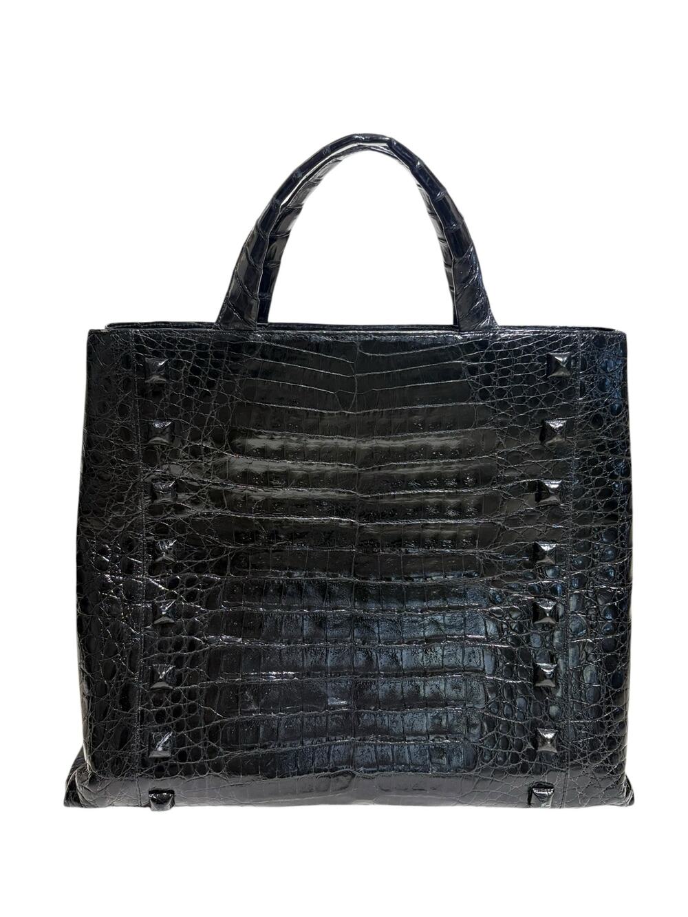 Nancy Gonzalez Black Crocodile Top Handle Bag With Studs + Shoulder Strap